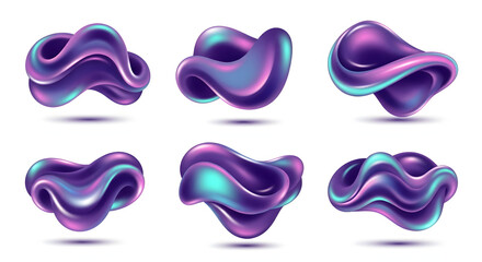 Iridescent Blob Set: An array of six iridescent blob forms showcase liquid, curvy shapes with vibrant hues of blues and purples creating a mesmerizing digital display.