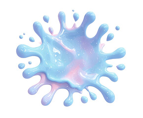 Glossy light blue splash with radial arms and smooth reflective surface on white background, resembling milk or paint droplet. Concept of freshness, simplicity and playful motion