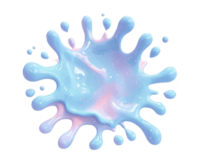 Glossy light blue splash with radial arms and smooth reflective surface on white background, resembling milk or paint droplet. Concept of freshness, simplicity and playful motion