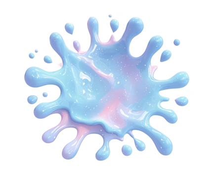 Glossy light blue splash with radial arms and smooth reflective surface on white background, resembling milk or paint droplet. Concept of freshness, simplicity and playful motion