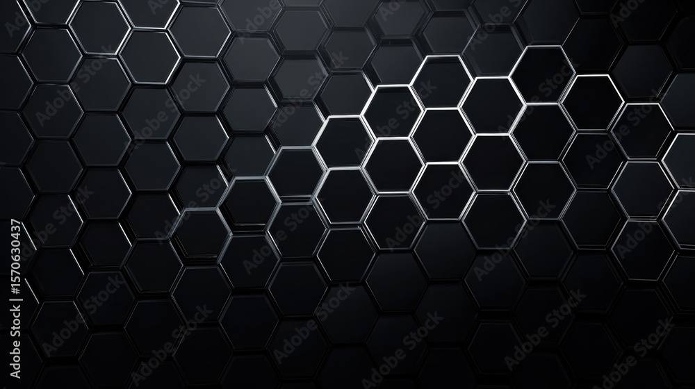Poster textured hexagonal pattern in dark tones creates a modern, sleek background.