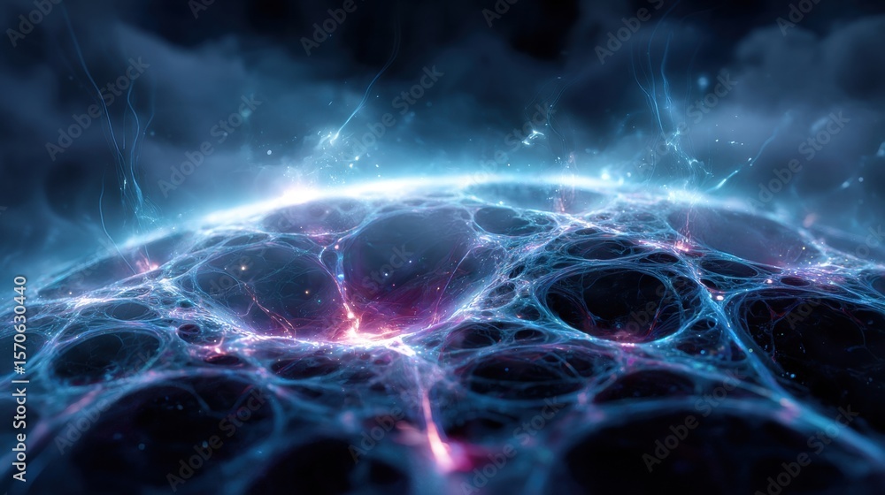 Poster abstract, glowing network design with vibrant colors and intricate patterns resembling a cosmic land