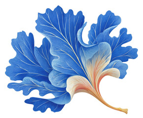 Stylized abstract flower with layered blue petals and soft pink center on clean white background, resembling paper-cut art. Concept of elegance, minimalism and floral design