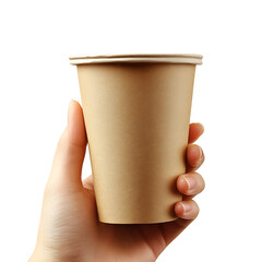 hand holding paper cup isolated on a transparent background