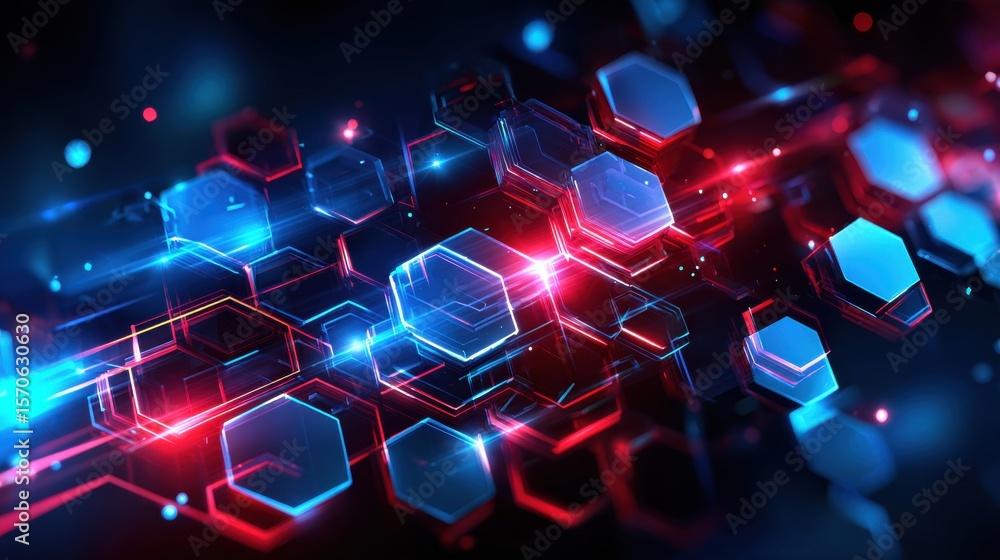 Poster abstract digital composition featuring vibrant hexagonal shapes in blue and red light.