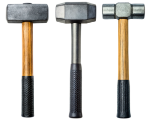 Set of three different sledgehammers with wooden and metal handles on a transparent background
