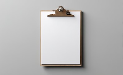 A blank, white sheet of paper sits on a wooden clipboard with a metallic clasp, affixed to a gray wall