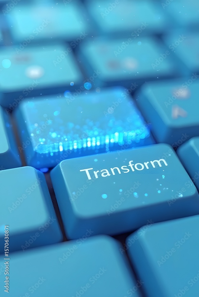 Poster a glowing blue key on a keyboard displays the word transform, vertical composition. the image featur
