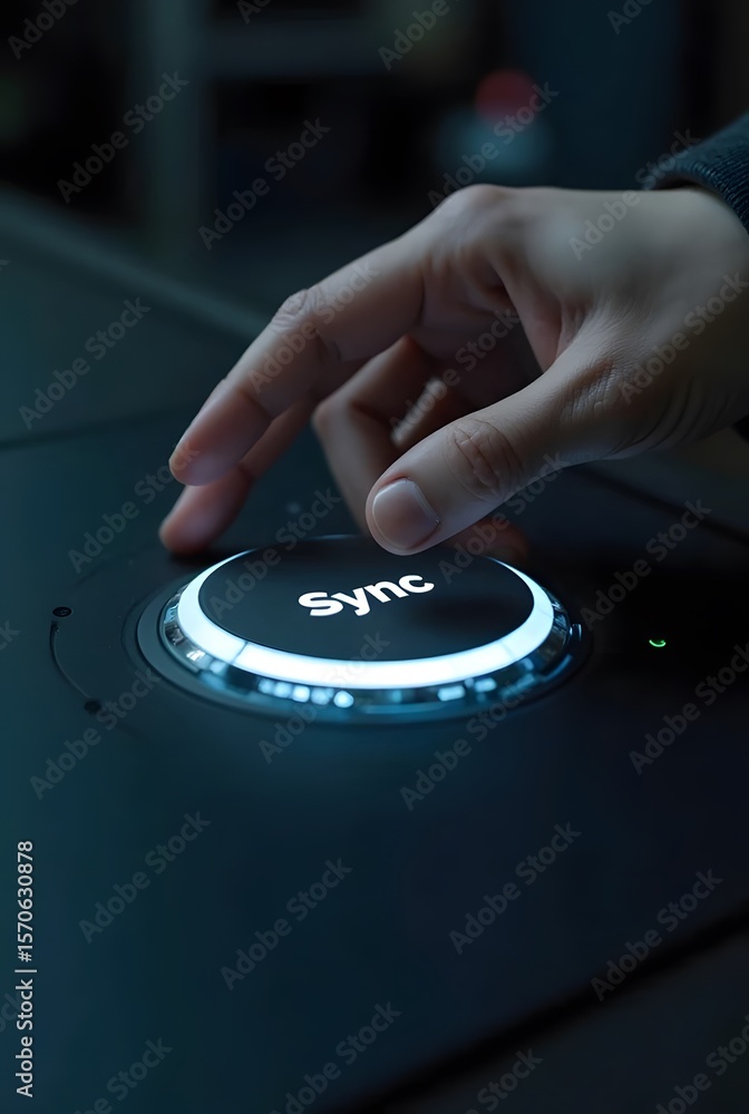 Poster a hand activates a glowing sync button, vertical composition. the image features a cool blue tone an