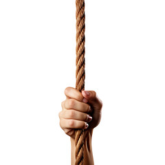Hand holding tight to a rope isolated on a transparent background