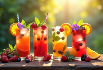 refreshing fruit infused cocktails brightly presented sunlit table vibrant ingredients colorful garnishes, infusion, sunlight, glass, sparkling, sangria