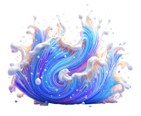 Dynamic pastel liquid wave with vibrant swirls of blue, purple and orange, topped with foamy white splashes on clean background. Concept of energy, movement and visual harmony