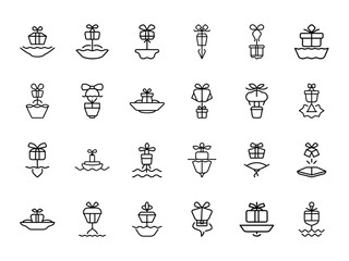 Floating Gift Icon Bundle in Silhouette Style on White Background – Set of Buoyant Present Boxes with Ribbons, Parachutes, and Water Themes