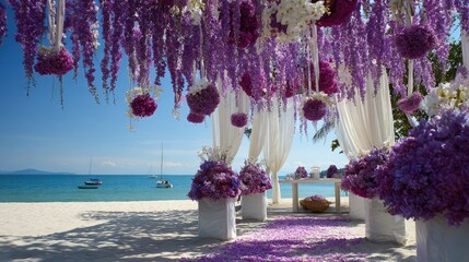 A serene beach features a floral arch set for a wedding ceremony with turquoise waters and clouds