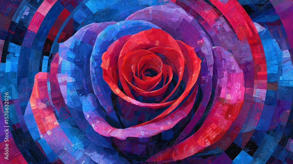Aufkleber a vibrant rose blooms within geometric circles, creating a dynamic interplay of color and texture.