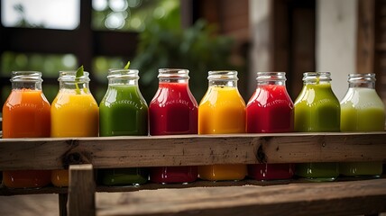 A row of vibrant, freshly squeezed juices in glass bottles 