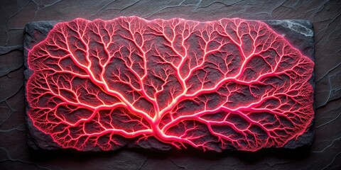 Tessellating Neon Coral Marble with bioluminescent pink veins on black slate, bioluminescent effect, glowing neon coral