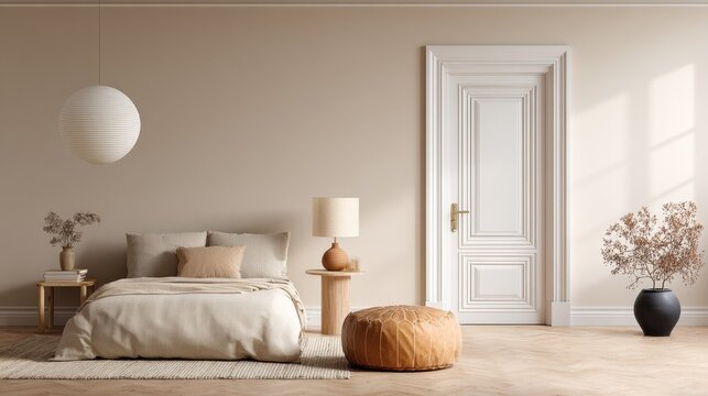 Calm minimalist bedroom scene with closed door and neutral soft furnishings - Powered by Adobe