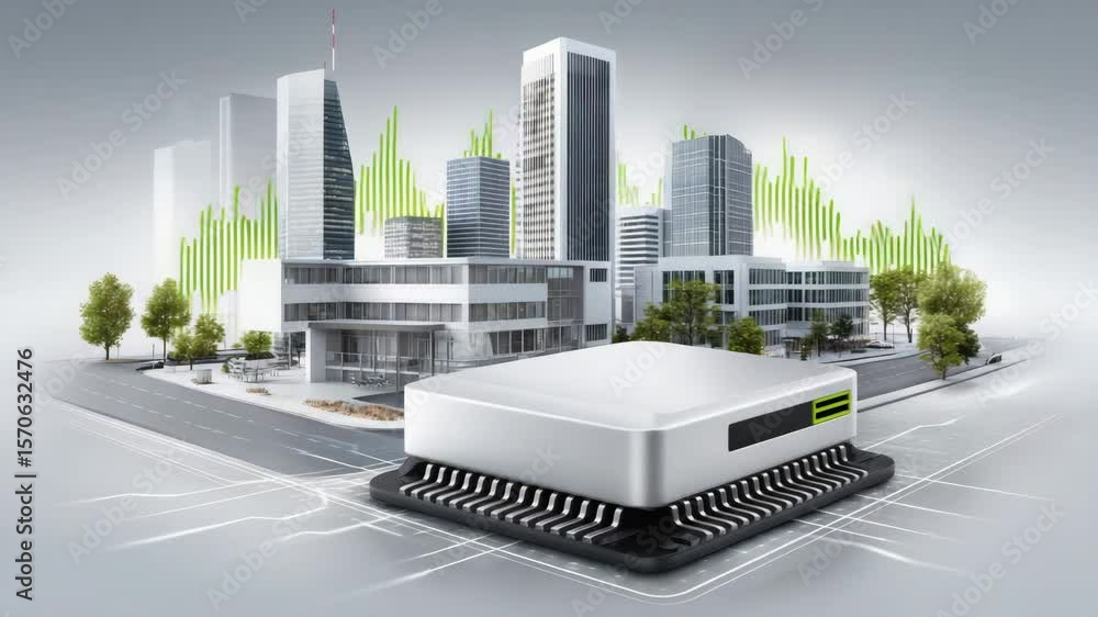 Poster smart city technology featuring microchip and modern building integration, digital data visualizatio