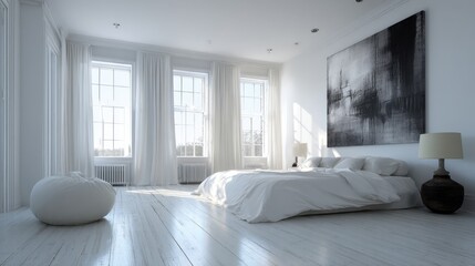 Minimalist bedroom with monochrome artwork leaning against a white wall