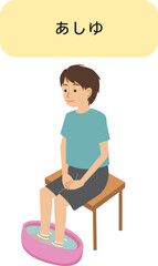 足湯の絵カード-足湯をする男の子