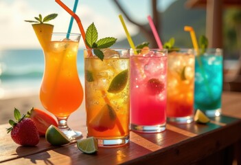 sparkling iced cocktails colorful vibrant glassware refreshing summer drink vivid cocktail delight, beverage, fruit, tropical, bar, party, celebration, fizz