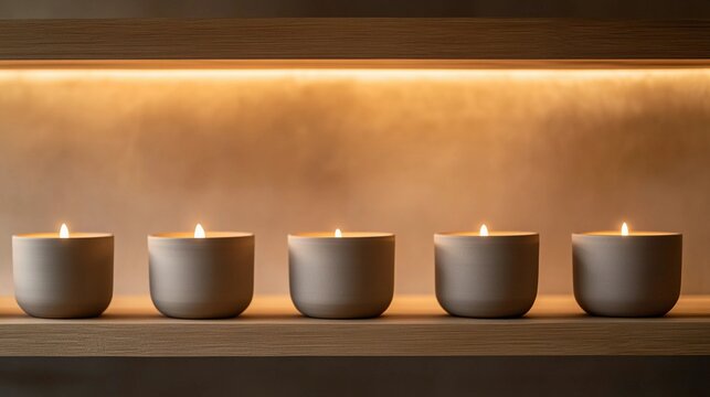 Glowing candles on wooden shelf