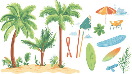 Tropical Beach Vacation Elements with Palm Trees and Surfboards Illustration