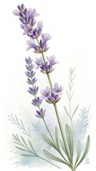Naklejka premium Watercolor Lavender Bloom with Green Stems and Leaves on White