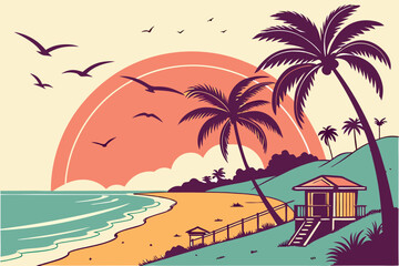 Obraz premium tropical sunset beach scene with palm trees, beach huts, and birds flying, digital art, vibrant colors, calming atmosphere