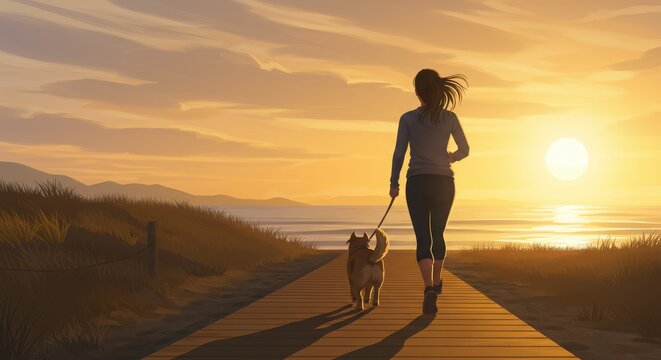 Sunset Beach Run - A Woman and Her Dog - Powered by Adobe