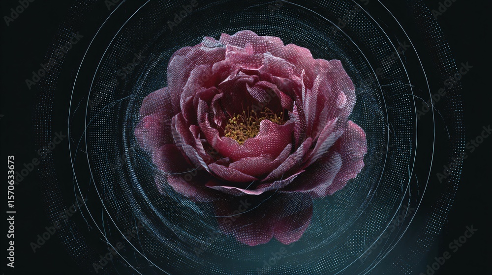 Fototapete digitally rendered rose with a pixelated texture, floating within a circular, abstract framework.
