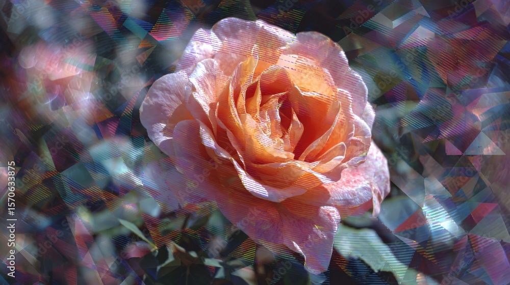 Poster a soft peach rose is overlaid with geometric shapes creating a unique blend of nature and art.