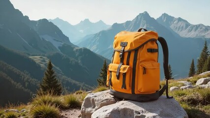 Yellow backpack resting on rock in mountains during daytime  