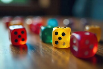 Colorful Dice Rolling Across Wooden Table Motion Blur Photo of Chance, Luck, and Risk