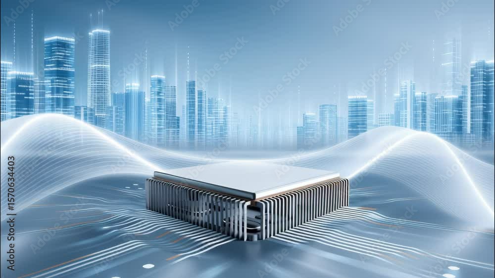 Poster futuristic microchip glowing with digital waveforms and cityscape circuit, symbolizing advanced tech