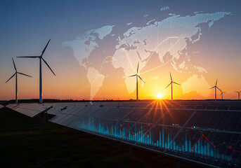 Sustainable Energy Solutions Wind Turbines and Solar Panels Powering a Global Network Representing Growth and a Cleaner Future at Sunset