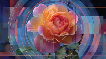 A vibrant rose bloom is digitally enhanced, with overlaid geometric shapes creating a modern glitch