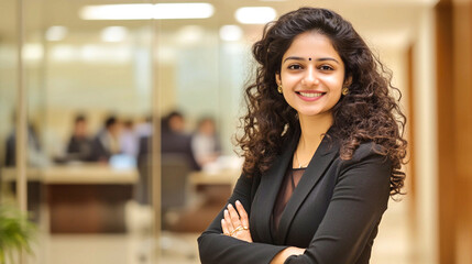 Confident young professional woman poses in a modern office space surrounded by collaborative energy of her colleagues