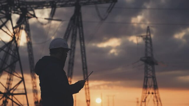 An electrician on the background of high towers of power plants looks at the project for the development of an electrical structure, the expansion of the electrical voltage of volts in the wires.