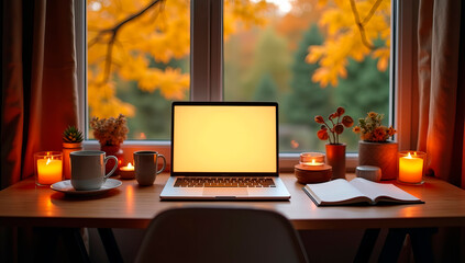 Fall-themed productivity desk setup &mdash; wooden table, glowing laptop, coffee mug, analog planner, candles, yellow leaves outside the window