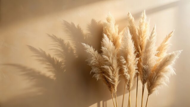 Pampas grass with natural shadows on beige wall or table, nature, texture,  nature, texture, foliage, botanical
