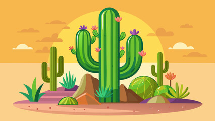 Vector illustration of vibrant desert landscape illustration featuring various cacti and succulents under a warm