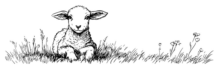 resting lamb in meadow line art vector illustration