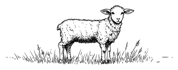 standing lamb in grass line art vector illustration © Kaz