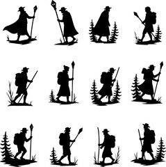 Obraz premium Hiker and Mountain Adventure Silhouette Set vector bundle