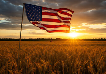American Flag Waving Proudly Over a Golden Wheat Field at Sunset Symbolizing Patriotism and National Pride
