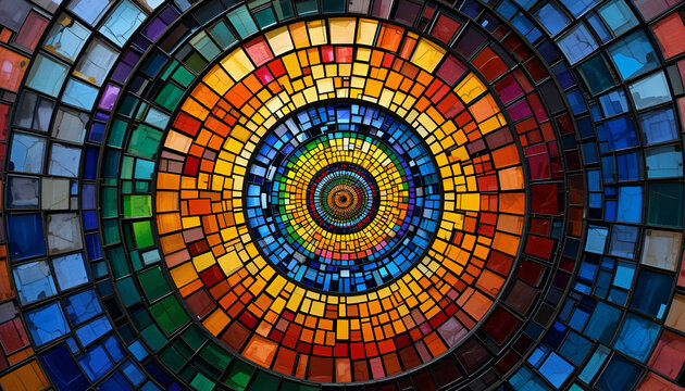 A mesmerizing stained glass spiral exhibits rich colors and geometric patterns creating a vibrant abstract design with artistic depth.