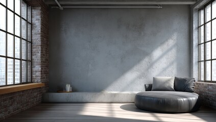 Serene loft ambiance bask in sunlight creating an oasis of calm round sofa and exposed brick in cool