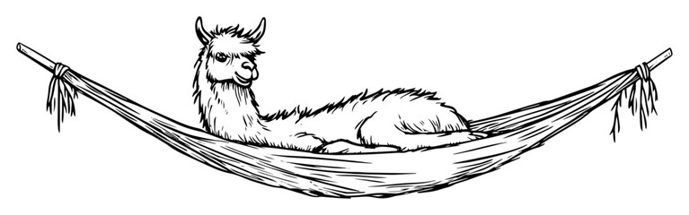 llama relaxing in hammock line art vector illustration